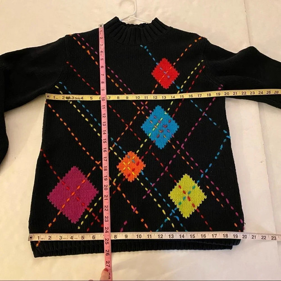 Vintage 90s Argyle Pullover Sweater Mockneck Oversized Womens Size Medium Black - Picture 15 of 16